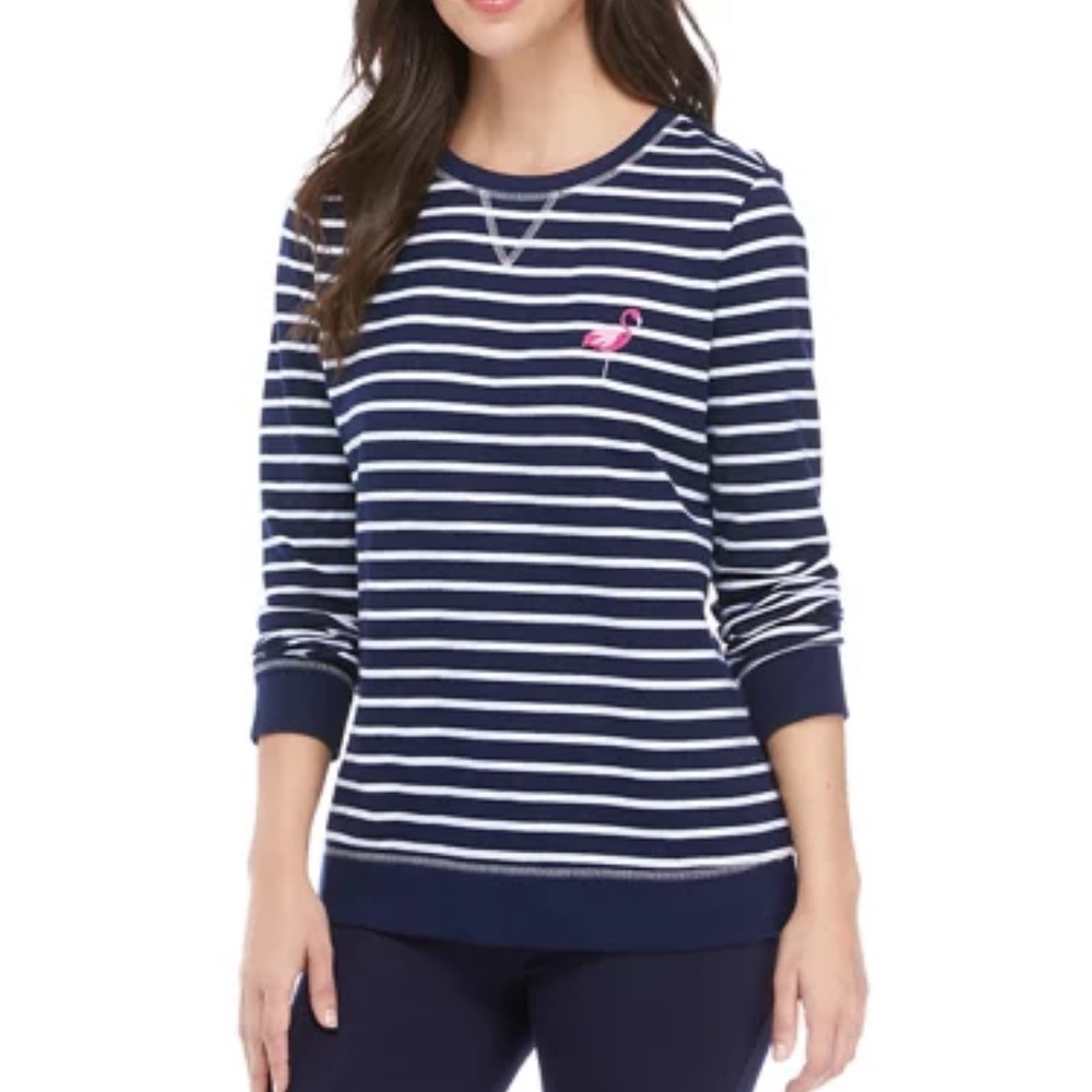 Kim Rogers Nautical striped flamingo Ling Sleeve Top size S Navy